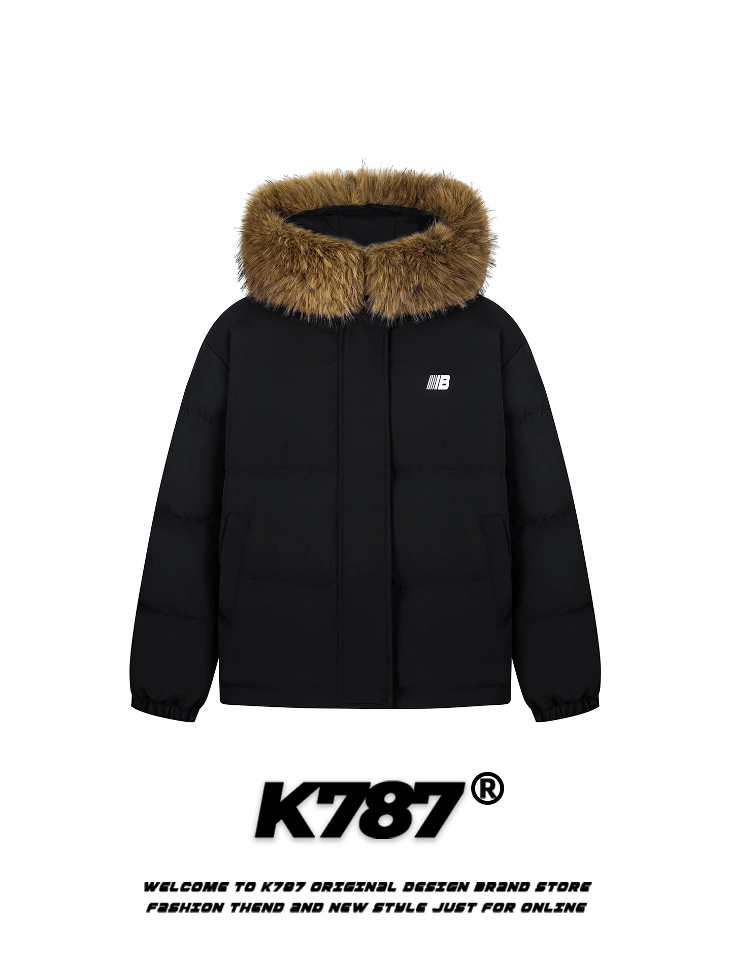 K787 Áo khoác cotton có mũ trùm đầu cổ lông lớn phong cách cổ điển kiểu Mỹ dành cho nam và nữ, dáng rộng, ấm áp, dày dặn, áo khoác cotton cặp đôi thương hiệu hợp thời trang dành cho mùa đông.