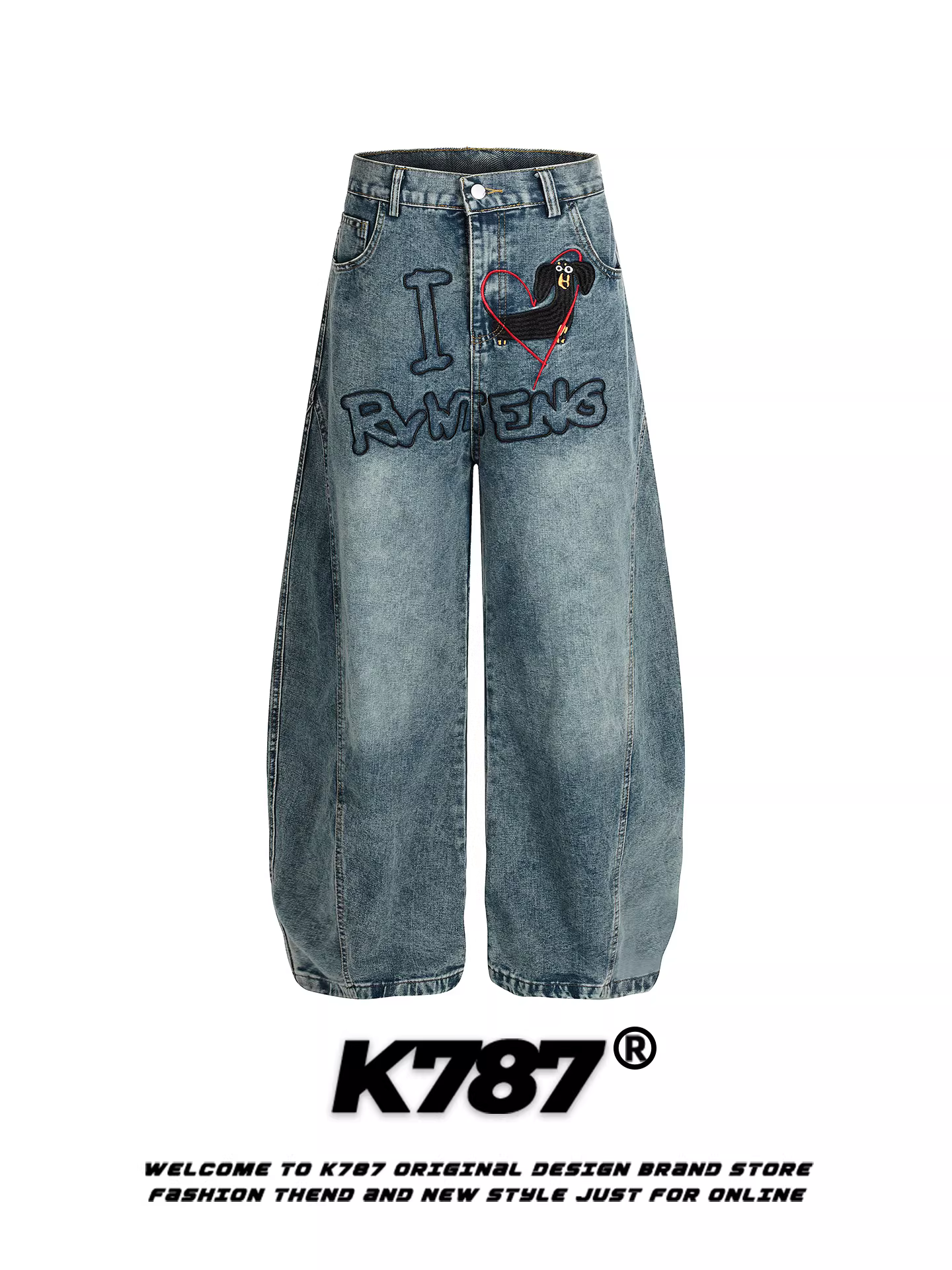 Quần jeans thêu chữ kiểu đường phố Mỹ K787 dành cho nam và nữ, cạp cao, dáng rộng, chất liệu washed, phong cách casual.