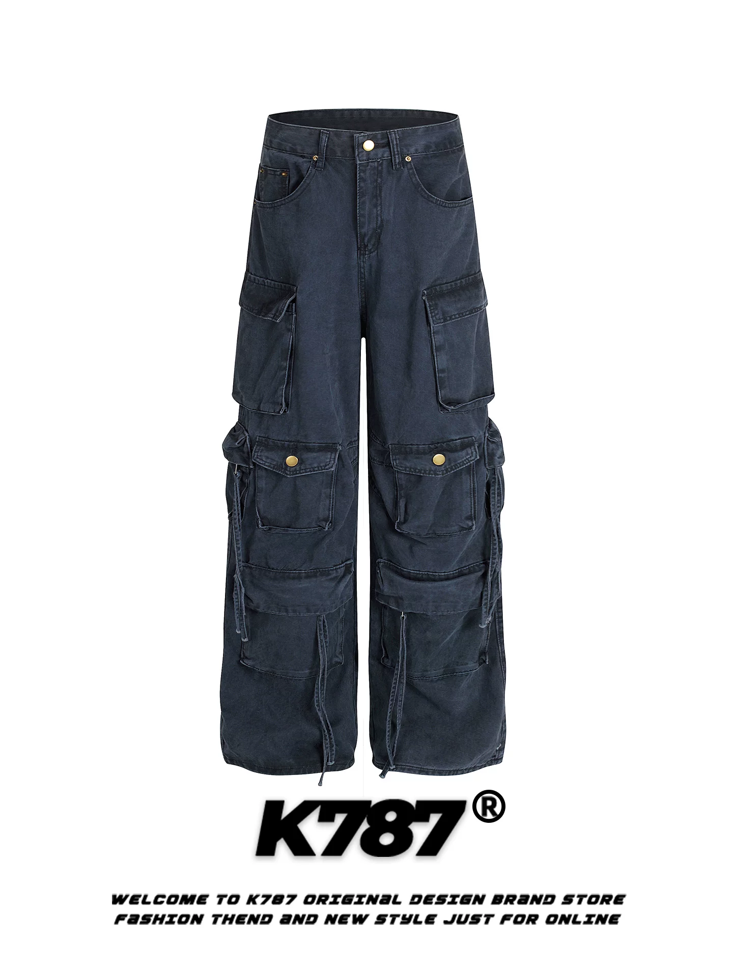 Quần cargo unisex K787 kiểu Mỹ cổ điển, chất liệu washed vintage, nhiều túi, cạp cao, dáng rộng, đa năng, ống thẳng, phong cách thường ngày