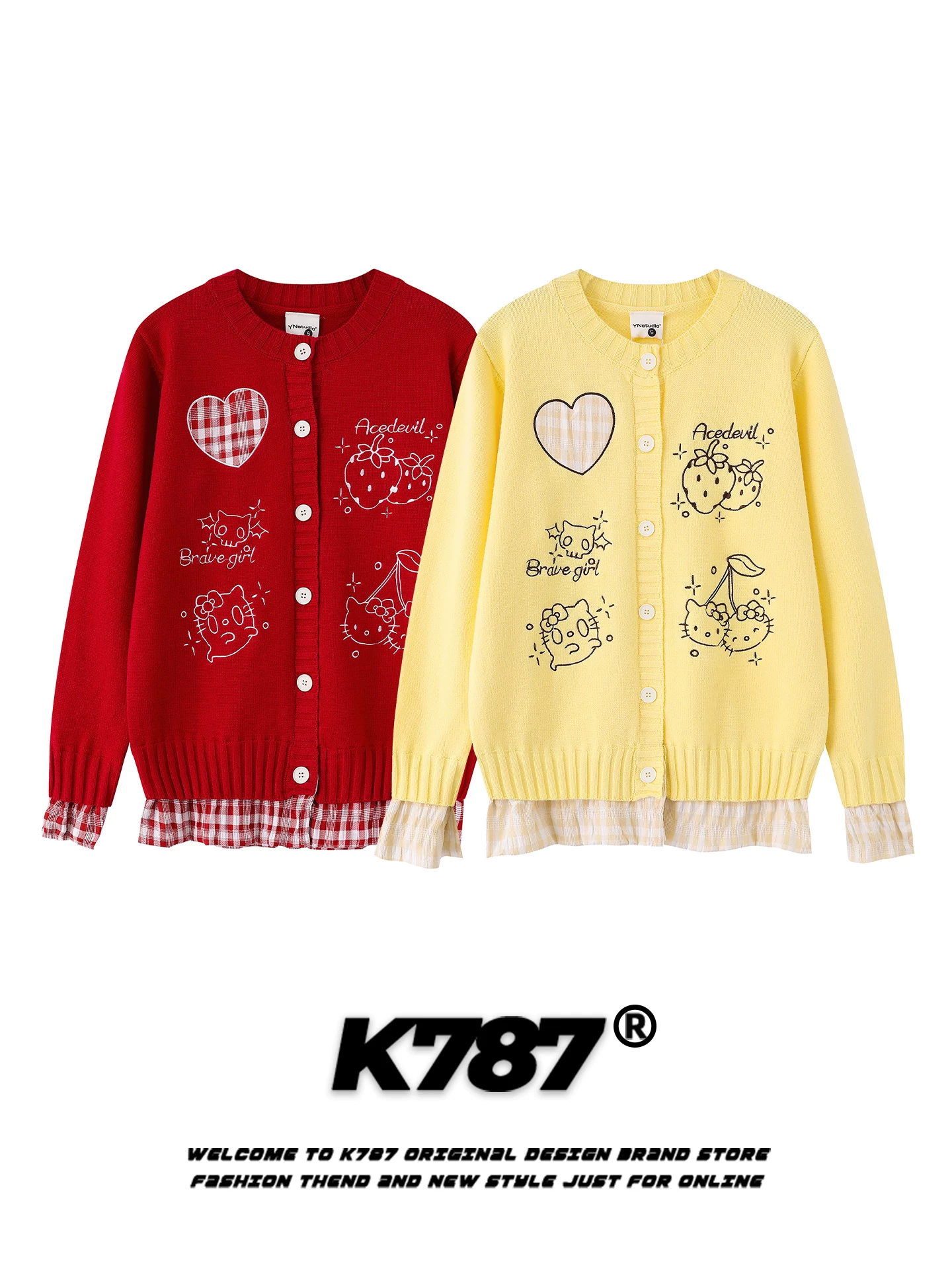 K787 Áo len cardigan kiểu Mỹ cổ điển hình mèo áo khoác giả hai mảnh phong cách đại học cô gái ngọt ngào áo len ngắn dệt kim