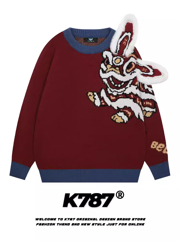 Áo len dệt kim đỏ thêu họa tiết sư tử múa lân phiên bản giới hạn K787 năm Kỷ Hợi, unisex, năm mới, thêu cung hoàng đạo