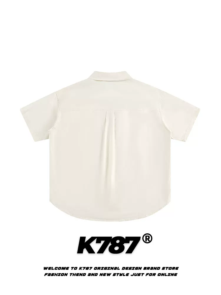 Áo sơ mi ngắn tay thêu hình chú chó vui nhộn theo phong cách cổ điển Mỹ K787 dành cho nam và nữ, áo cardigan nửa tay đa năng thông thường dành cho mùa hè