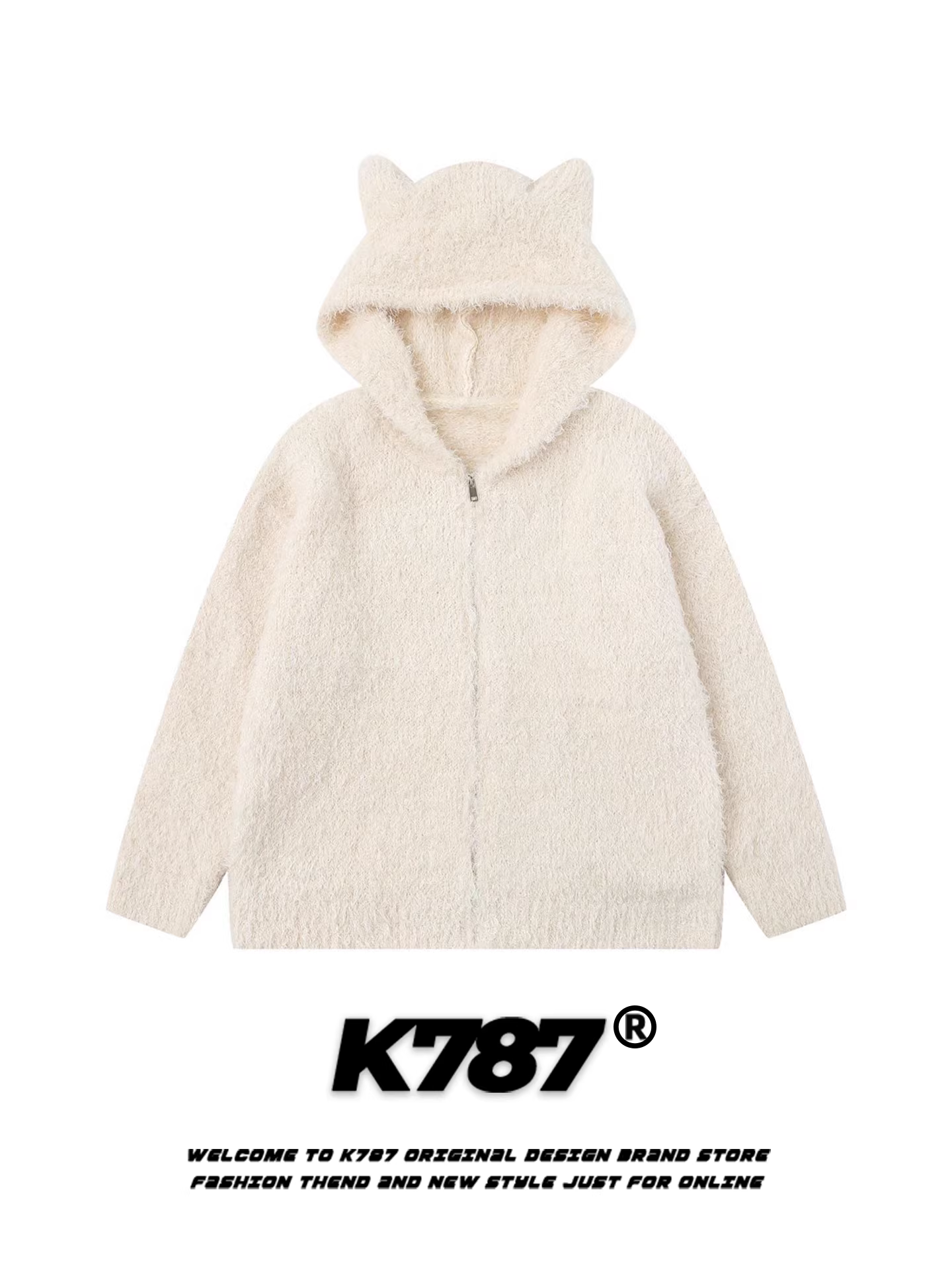 Áo len cardigan có mũ trùm đầu kiểu retro Mỹ K787 dành cho nam và nữ, áo khoác ngắn dáng rộng màu mơ có tai mèo