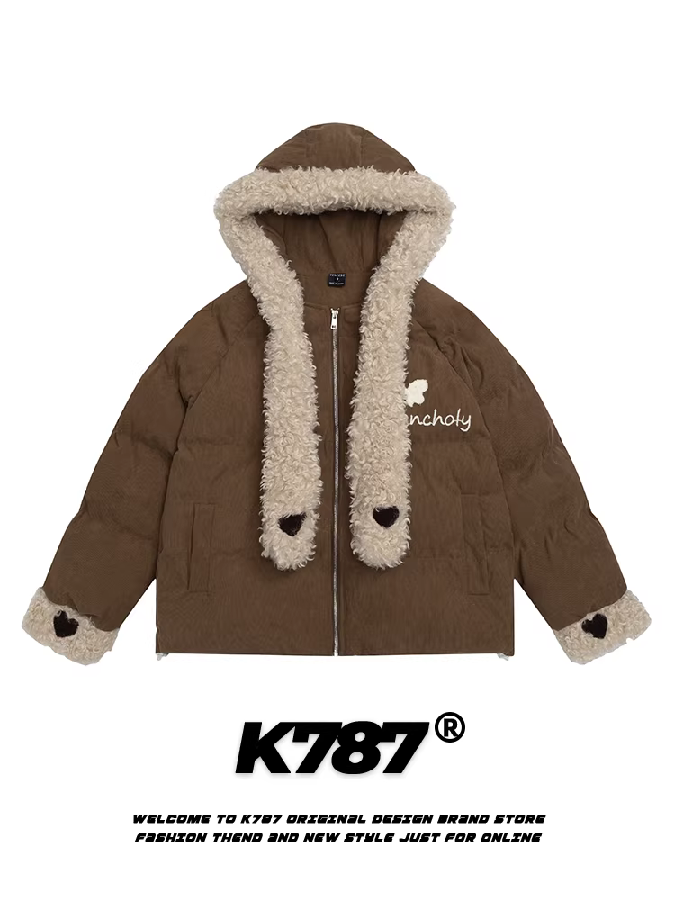 Áo khoác cotton dày dặn phong cách retro Mỹ K787, có cổ lông, áo khoác cotton có mũ trùm đầu thêu hình trái tim dễ thương, unisex, kèm khăn quàng cổ