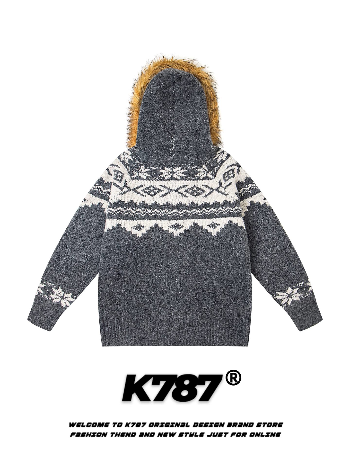 Áo len có mũ trùm đầu cổ lông dệt jacquard kiểu Mỹ cổ điển K787 dành cho nam và nữ, áo khoác cardigan dệt kim phong cách cặp đôi năng động