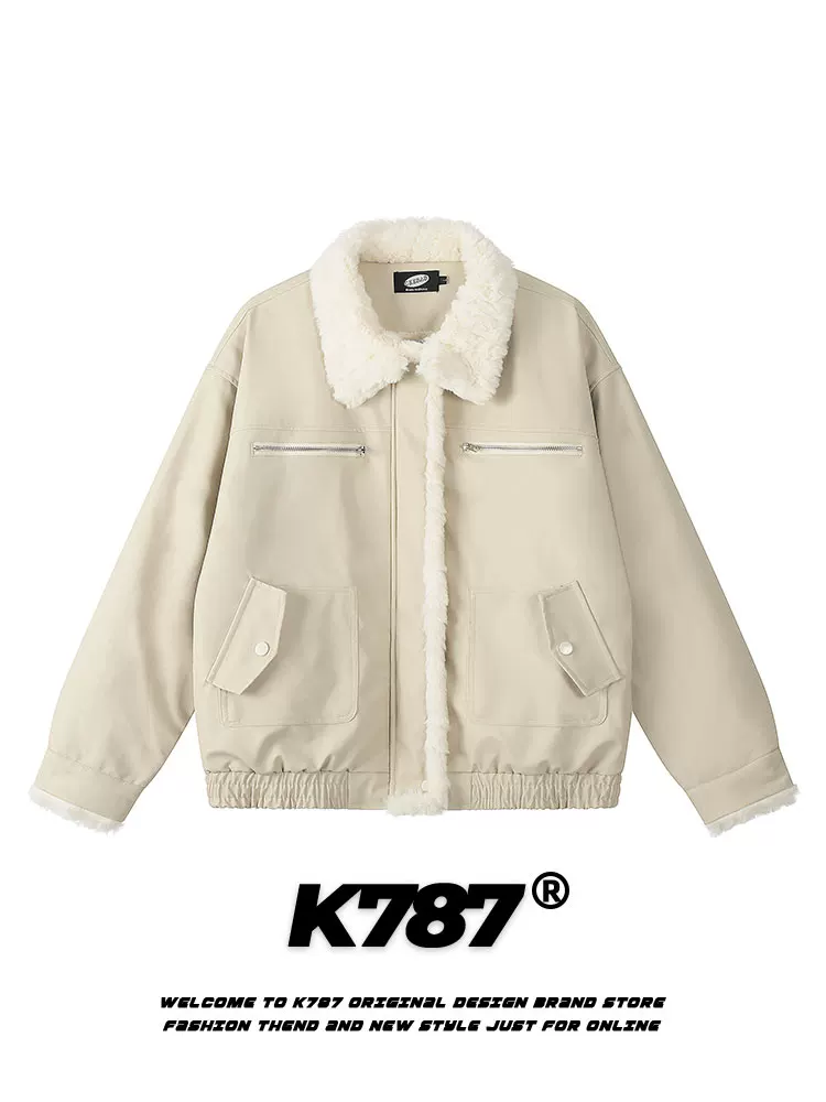 Áo khoác cotton dày dặn phối lông PU cổ lông K787 dành cho nam và nữ, màu trơn, phong cách Mỹ cổ điển, áo khoác mùa đông dành cho cặp đôi
