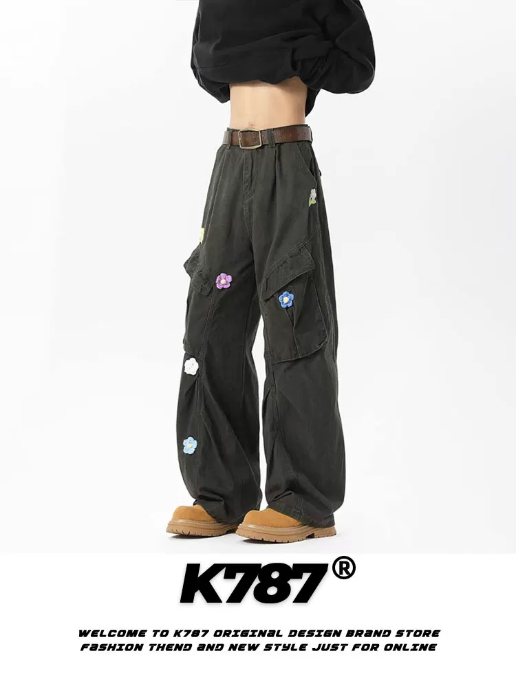 Quần Âu kiểu vintage phong cách Mỹ K787, chất liệu washed, thêu hoa, dành cho nam và nữ, dáng thẳng, phong cách thường ngày