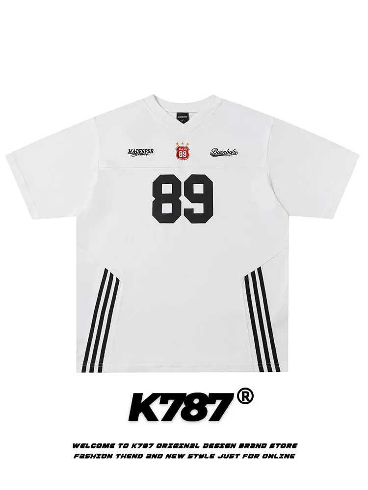 K787 Áo thun thể thao cổ điển kiểu Mỹ vui nhộn có chữ cái ngắn tay áo thun unisex sọc blokecore áo thun hàng đầu