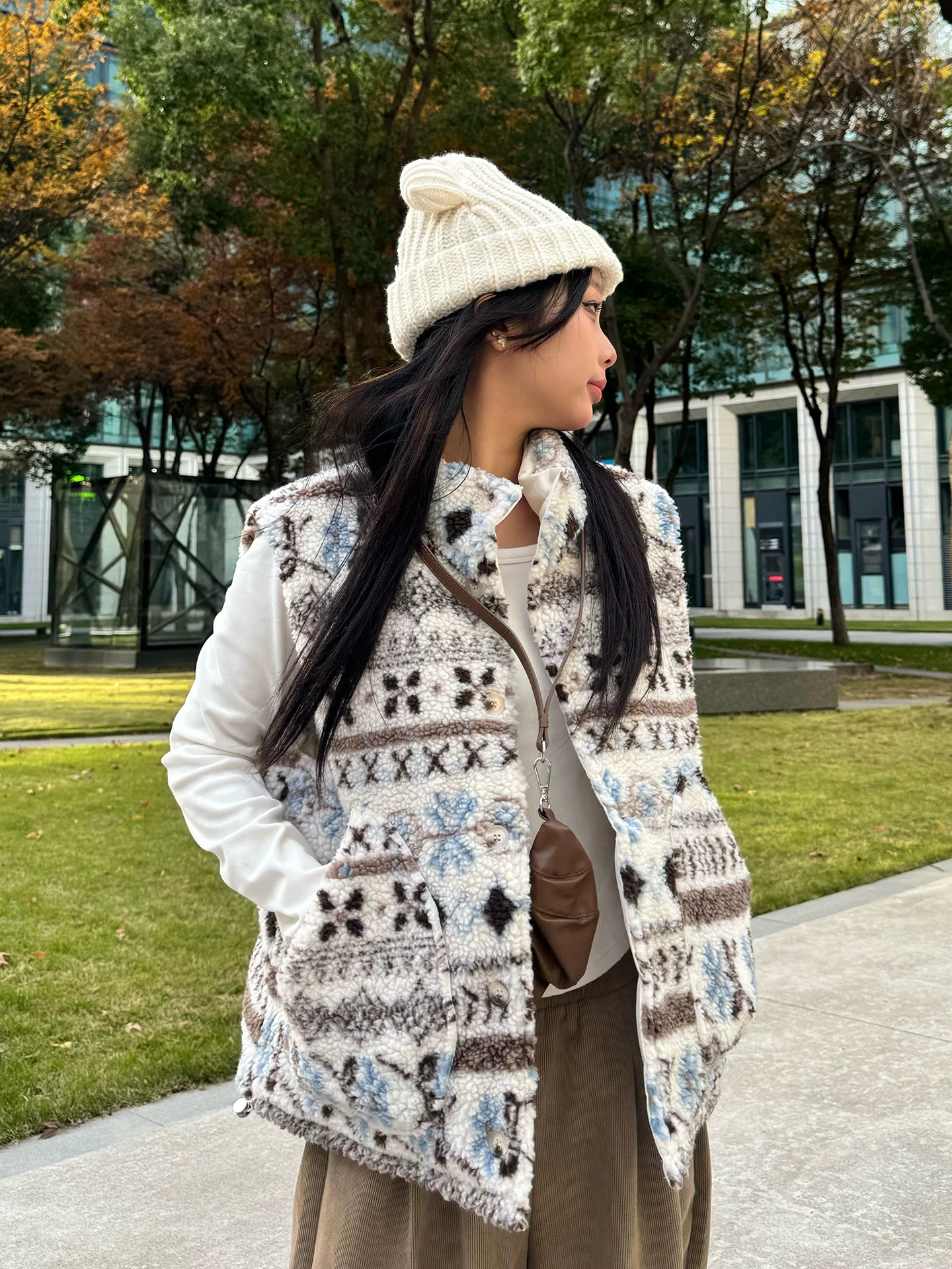 Áo vest K787 kiểu Mỹ cổ điển Fair Isle có thể mặc hai mặt dành cho nam và nữ, phối màu, dày dặn, ấm áp, họa tiết bông tuyết chó, thích hợp cho mùa đông.