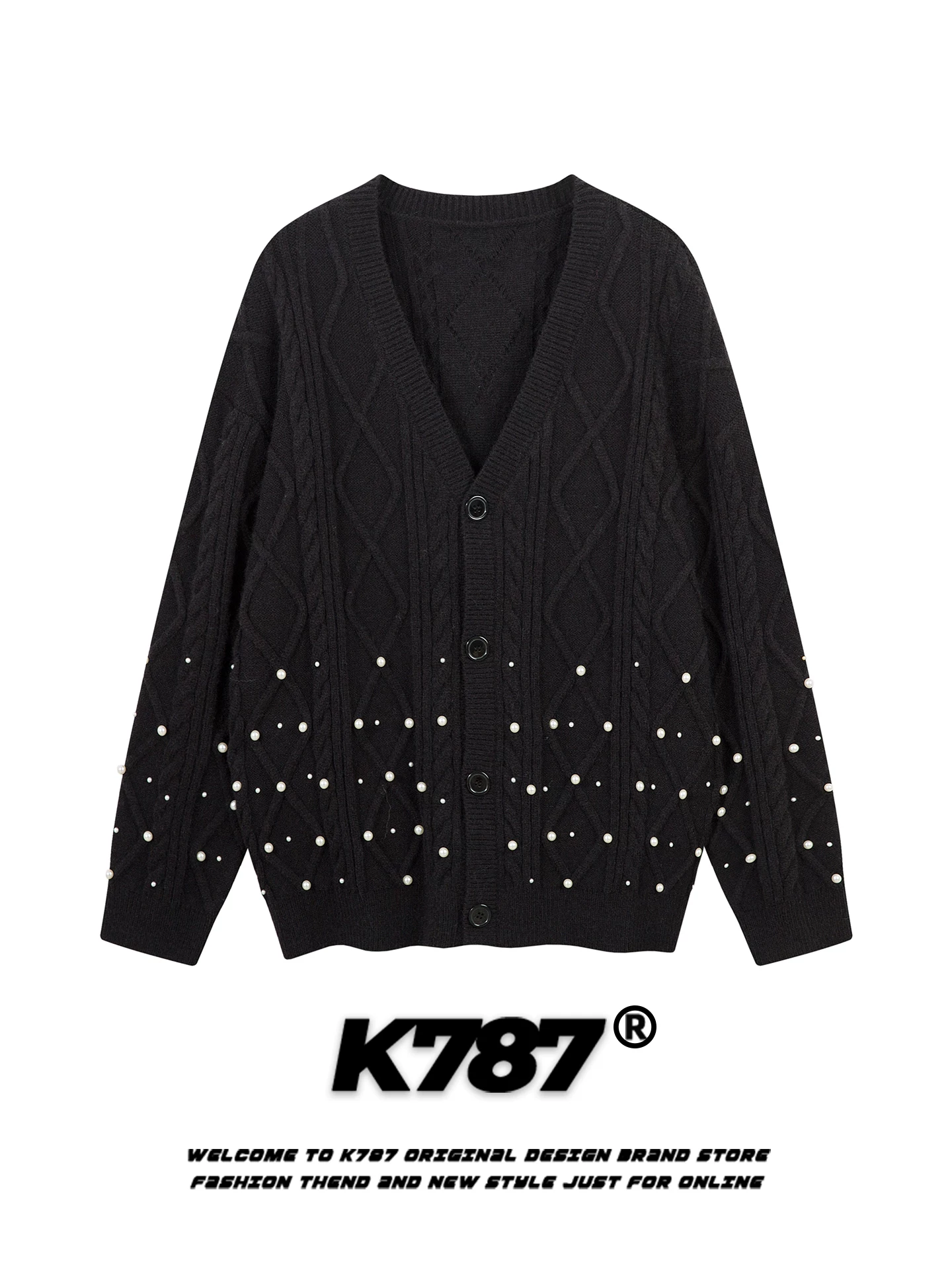 Áo cardigan dệt kim họa tiết kim cương cổ điển kiểu Mỹ K787 dành cho nam và nữ, áo len xếp lớp cổ chữ V, áo khoác rộng rãi dành cho cặp đôi mùa đông.