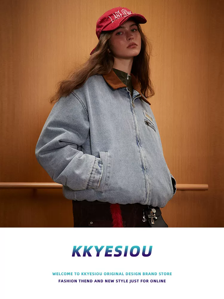 Áo khoác cotton kiểu Mỹ cổ điển, thời thượng, đã qua xử lý làm mềm và tạo hiệu ứng cũ kỹ, dành cho nam và nữ, áo khoác denim cotton dày dặn, có lớp lót.