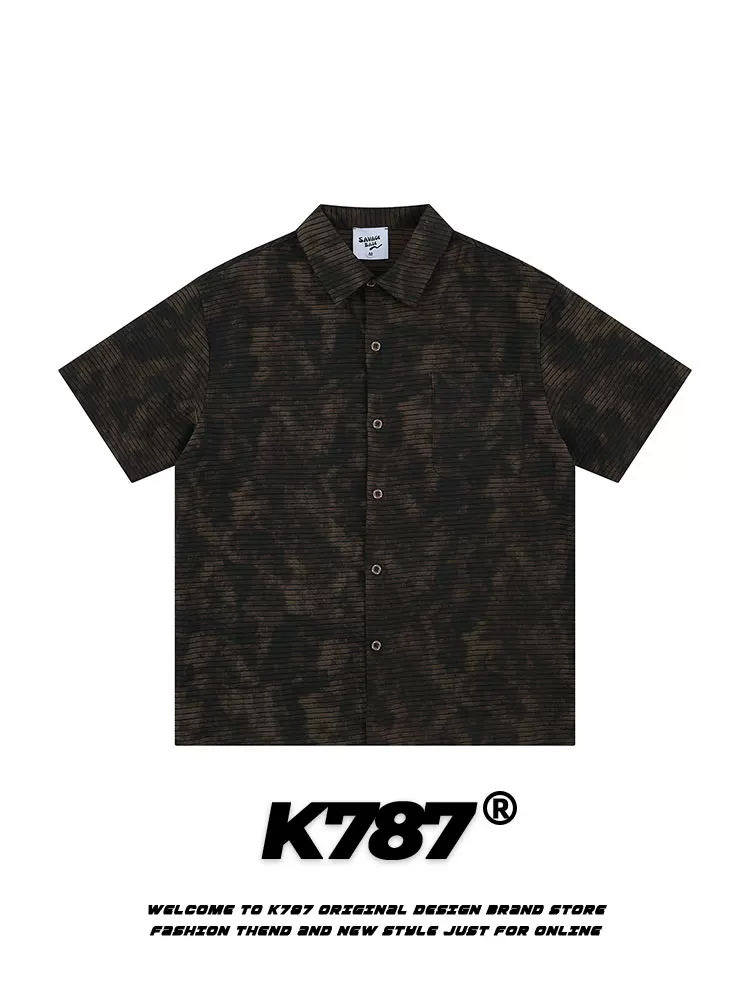 Áo sơ mi ngắn tay unisex phong cách retro Mỹ K787, họa tiết tie-dye, phong cách tiền cổ điển, xu hướng quốc dân, đa năng, mùa hè 2025, kiểu cardigan nửa tay