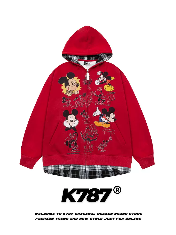 K787 khí quyển phim hoạt hình cổ điển Mỹ vui nhộn áo hoodie có mũ trùm đầu unisex dây kéo áo khoác màu đỏ trang phục cặp đôi phong cách ngắn
