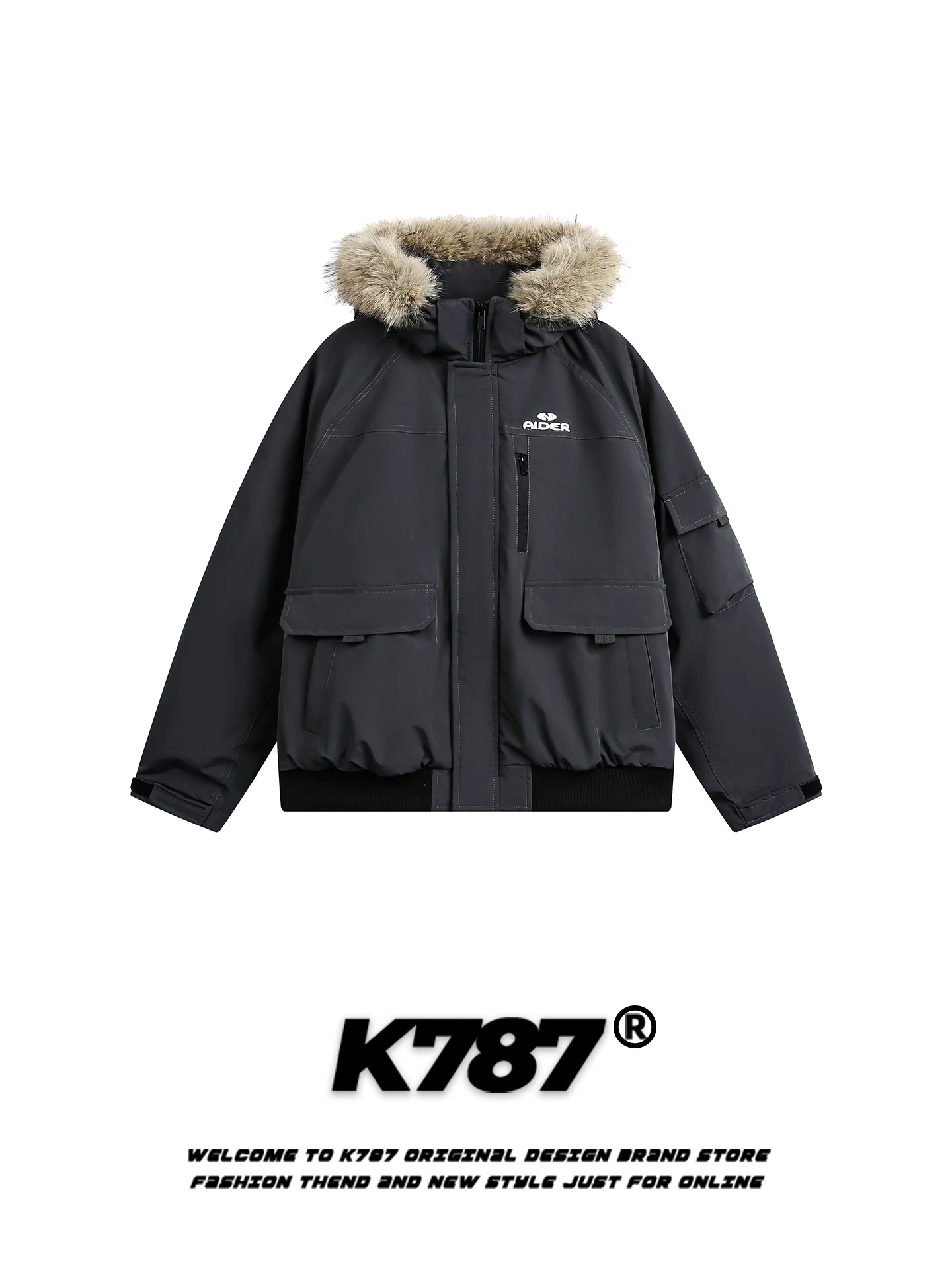 K787 Áo khoác cotton có mũ trùm đầu cổ lông lớn phong cách retro của Mỹ dành cho nam và nữ, thương hiệu thời trang rộng rãi, ấm áp và đa năng, áo khoác cotton dày dặn dành cho cặp đôi trong mùa đông.