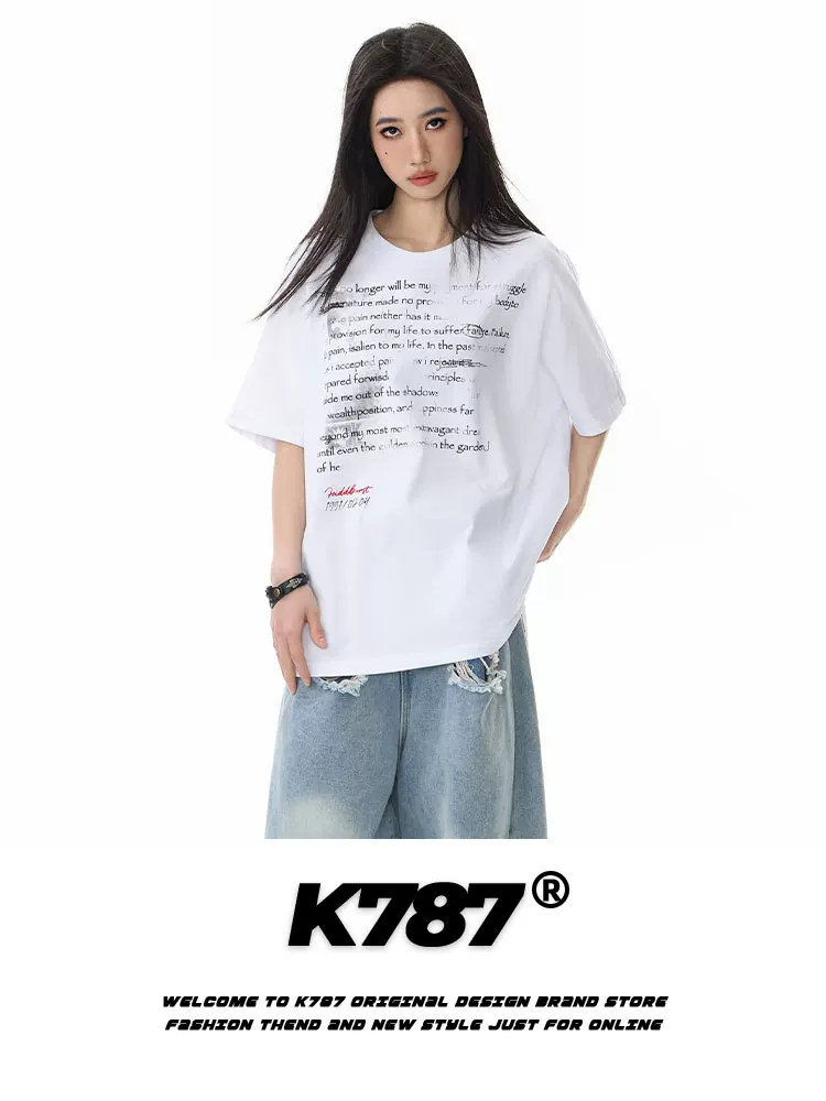 Áo thun ngắn tay phong cách đường phố Mỹ K787, kiểu chữ hip-hop, thiết kế rách cá tính, dành cho nam và nữ, dáng rộng, đa năng, thích hợp cho mùa hè.