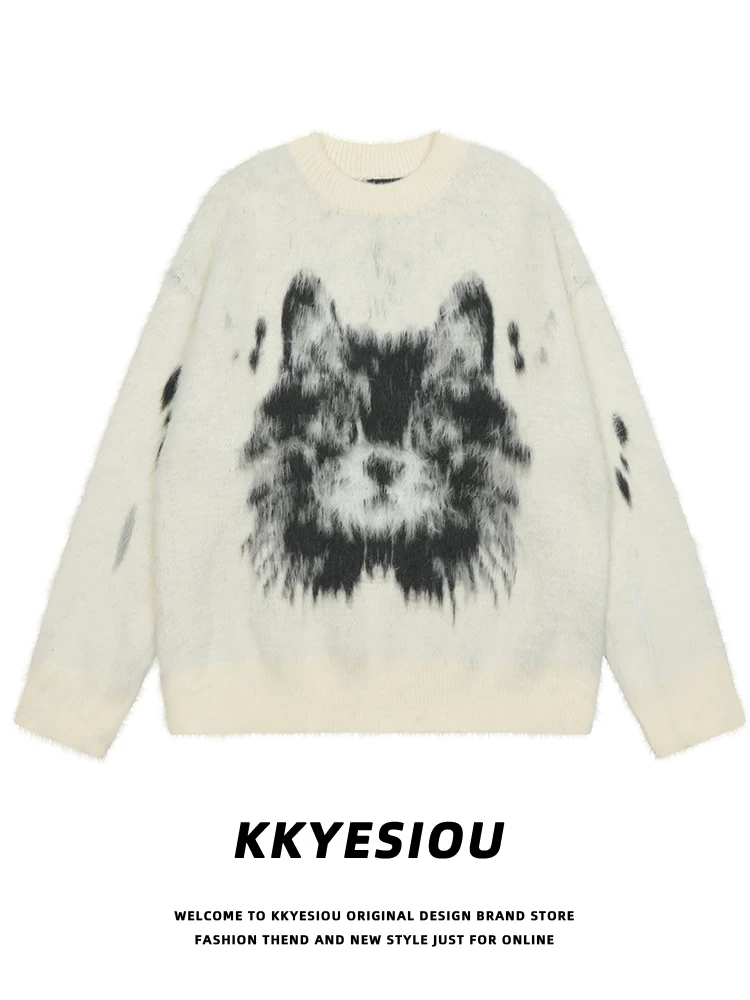 Áo len cặp đôi thiết kế jacquard mèo thời thượng thương hiệu KKyesiou, phong cách unisex, retro Mỹ, chất liệu dệt kim trung tính, cá tính.