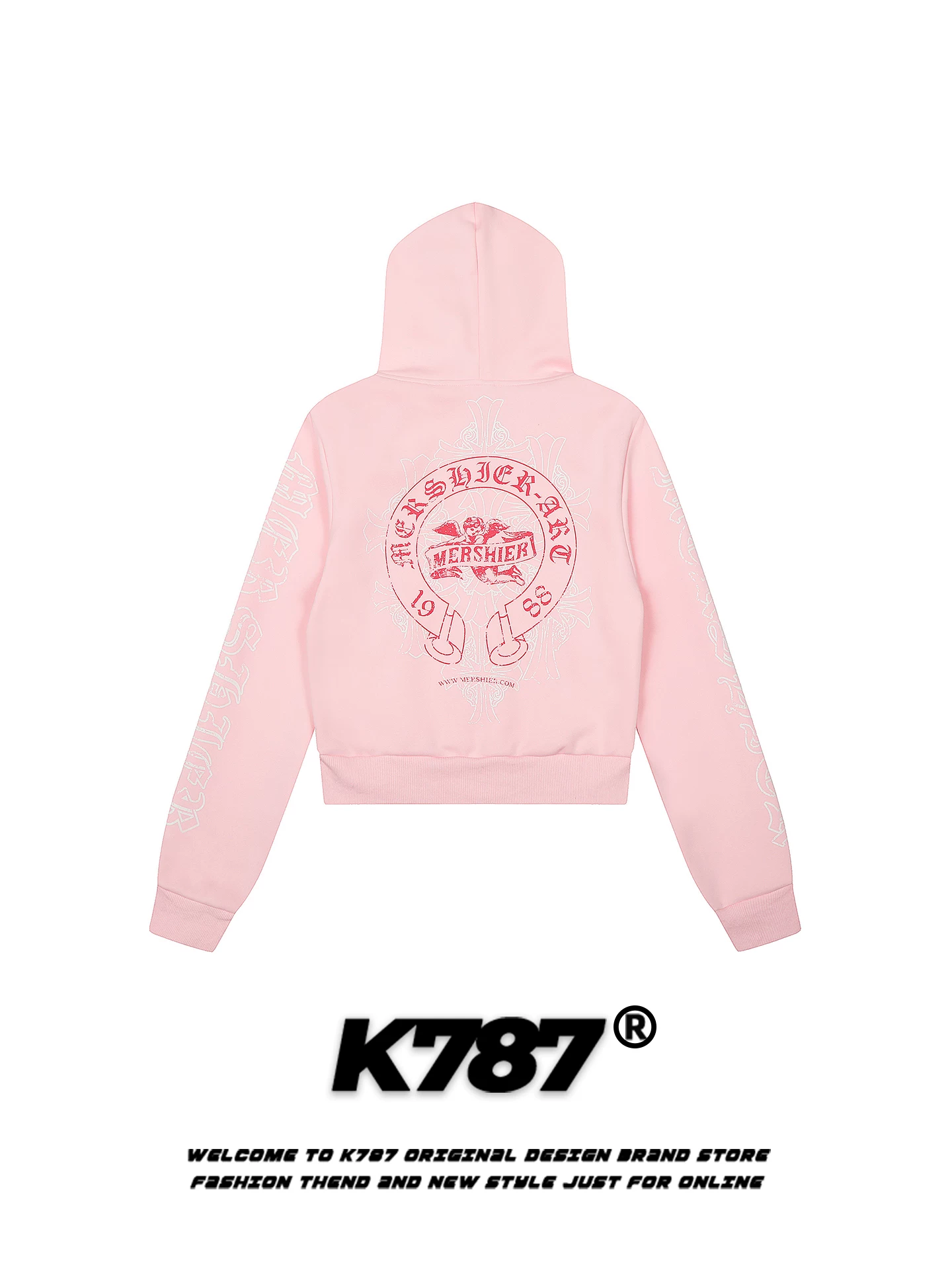 Áo hoodie in chữ phong cách Mỹ K787 dành cho nữ, áo khoác cardigan ngắn màu hồng ngọt ngào và mát mẻ có khóa kéo