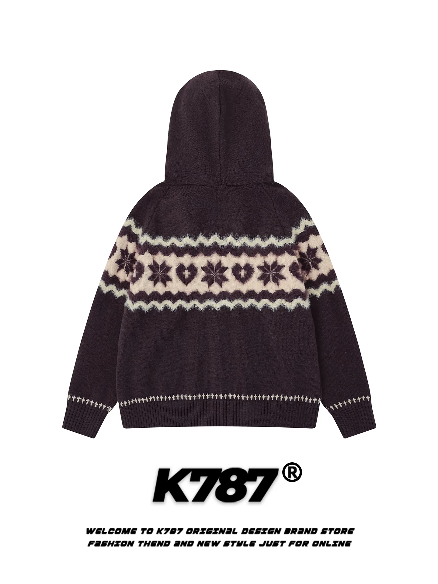 Áo len cardigan có mũ trùm đầu kiểu Mỹ cổ điển K787, họa tiết Fair Isle dệt jacquard, dành cho nam và nữ, phong cách lười biếng, dáng rộng, chất liệu dệt kim thoải mái.