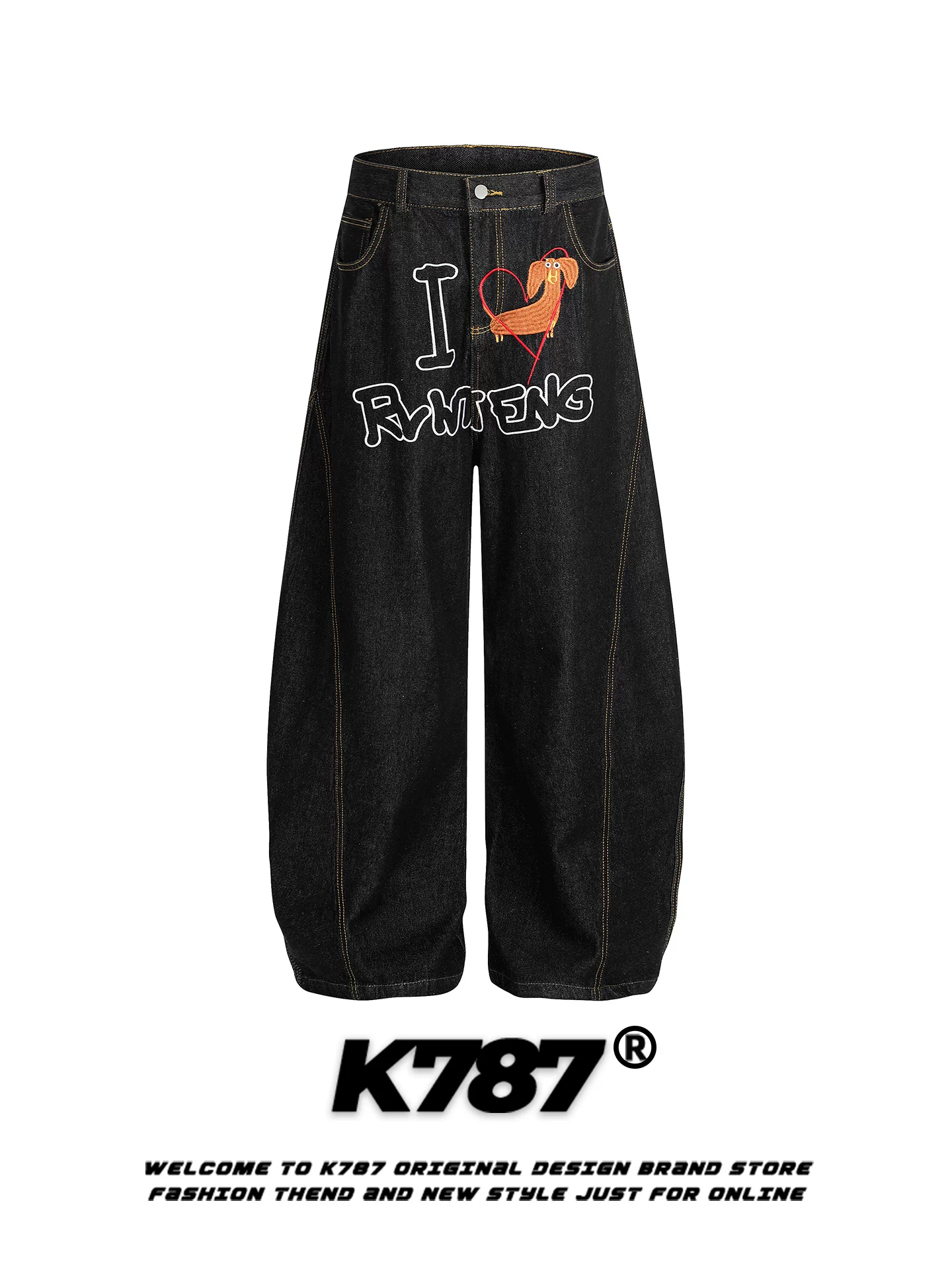 Quần jeans thêu chữ kiểu đường phố Mỹ K787 dành cho nam và nữ, cạp cao, dáng rộng, chất liệu washed, phong cách casual.