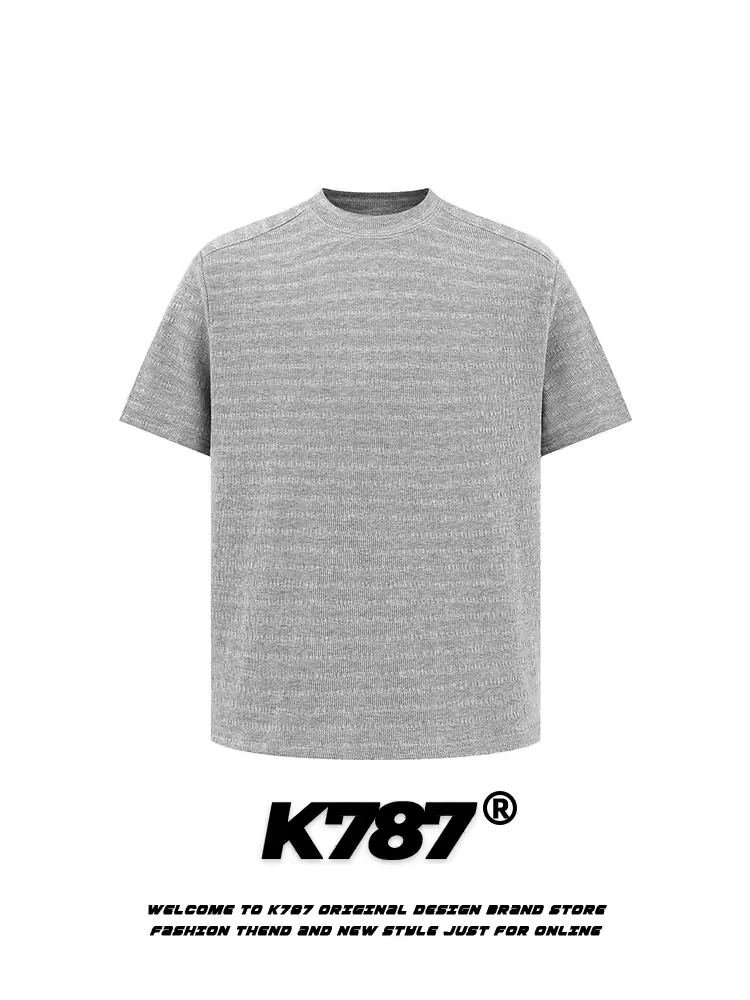 K787 Áo thun ngắn tay cleanfit họa tiết tối giản theo phong cách retro của Mỹ dành cho nam và nữ với áo trễ vai thường xuyên có họa tiết sọc jacquard rỗng