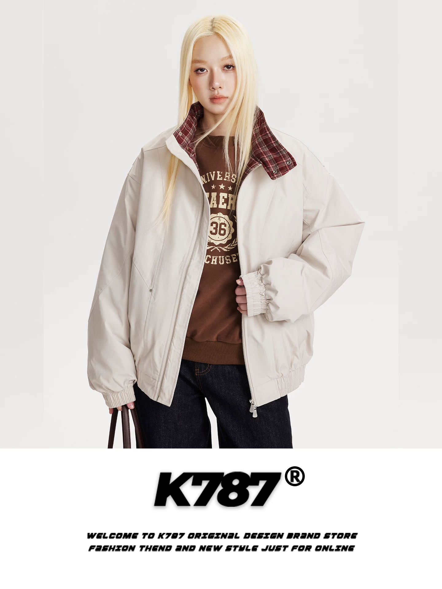 Áo khoác cardigan cotton unisex dáng rộng phong cách retro Mỹ, phối màu caro, cổ đứng, thương hiệu thời trang, ấm áp, dành cho cặp đôi.