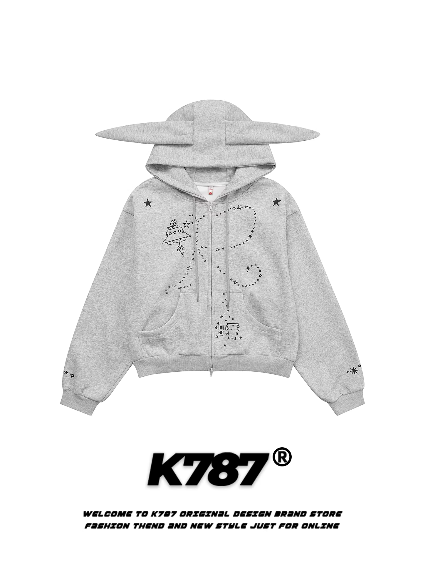 Áo khoác cardigan có mũ trùm đầu hình tai thỏ kiểu Mỹ cổ điển K787 dành cho nữ, áo khoác ngắn có khóa kéo phong cách giản dị ngọt ngào và cá tính