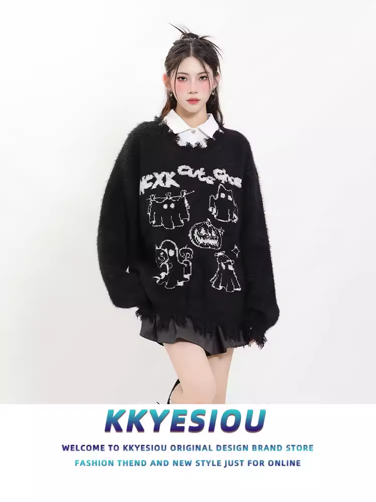 Áo len màu cam Halloween kiểu dáng độc đáo KKyesiou, unisex, phong cách retro Mỹ, dành cho cặp đôi