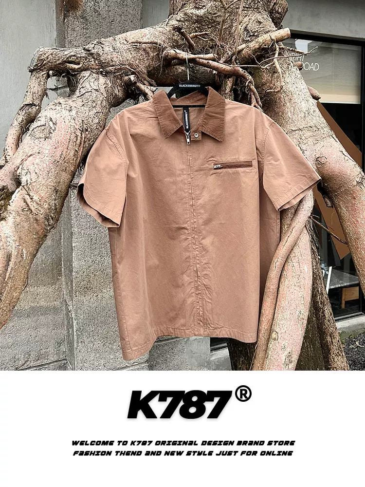 K787 Áo cardigan ngắn phong cách retro cleanfit kiểu Mỹ unisex màu trơn đa năng áo sơ mi ngắn tay mùa hè