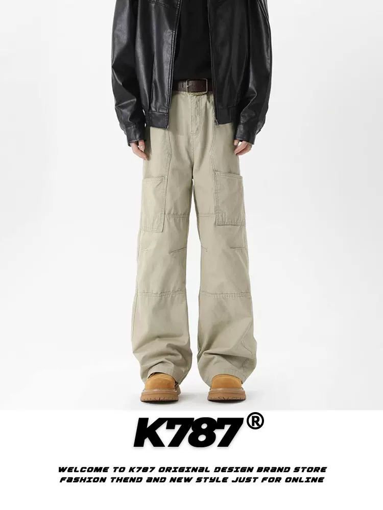 Quần K787 kiểu Mỹ cổ điển, phối màu trơn, phong cách công nhân, kiểu dáng lumberjack, unisex, họa tiết hình học, thiết kế phá cách, đa năng, hợp thời trang, quần ống thẳng, phong cách thường ngày