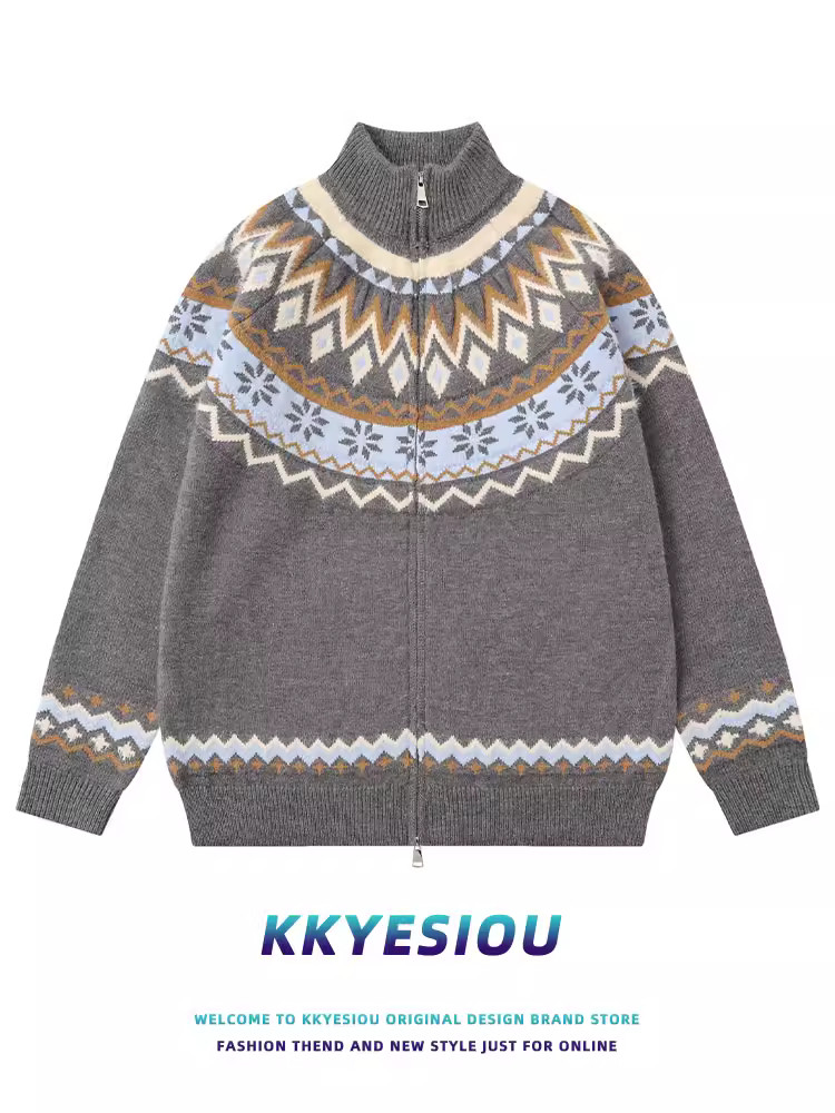 Áo khoác cardigan dệt kim sọc phong cách retro Mỹ KKyesiou, unisex, họa tiết đảo Feynman, khóa kéo, chất liệu jacquard