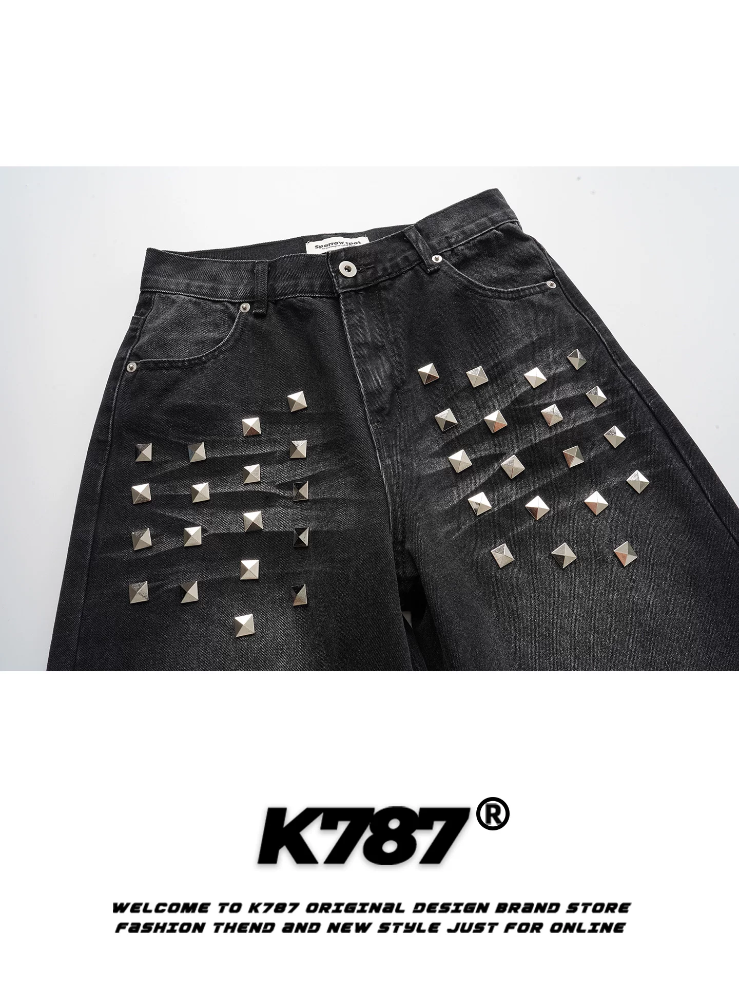 Quần jeans thiết kế đinh tán phong cách đường phố Mỹ K787 dành cho nam và nữ, quần ống rộng dáng suông, cạp cao, tôn dáng, dài chấm đất.