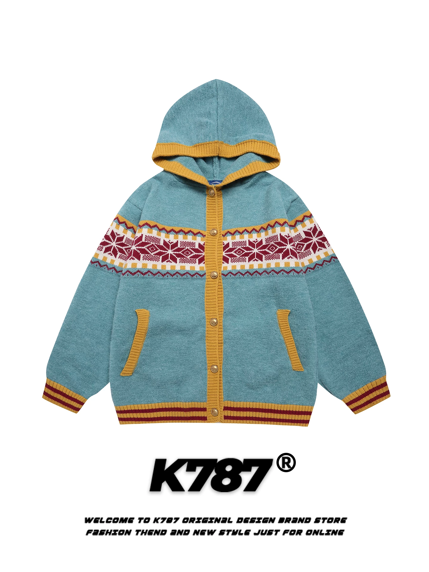 Áo len cardigan có mũ trùm đầu kiểu cổ điển Mỹ K787 dành cho nam và nữ, kiểu dáng rộng rãi và thoải mái, áo khoác dệt kim đi làm cho mùa thu.