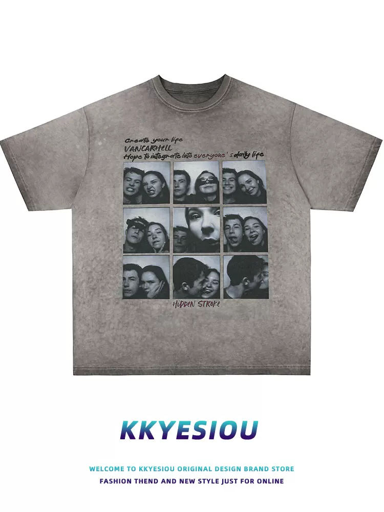 Áo thun nam KKyesiou hip-hop in hình đầu to, kiểu dáng cũ kỹ, tay ngắn, phong cách retro Mỹ, size lớn, dành cho cặp đôi