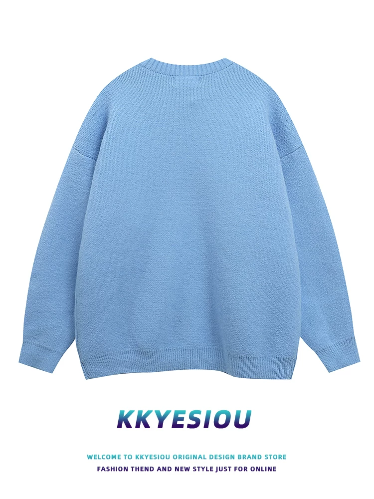 Áo cardigan len dệt kim màu xanh thêu hình chó theo phong cách retro Mỹ, unisex, đa năng, áo khoác cặp đôi