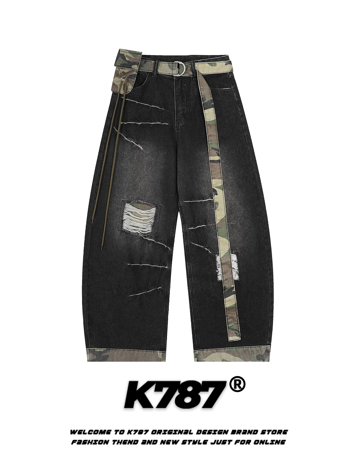 Quần jeans unisex dáng rộng, cạp cao, phong cách retro Mỹ, họa tiết phối màu rằn ri, kiểu dáng xù xì, xu hướng quốc dân, K787