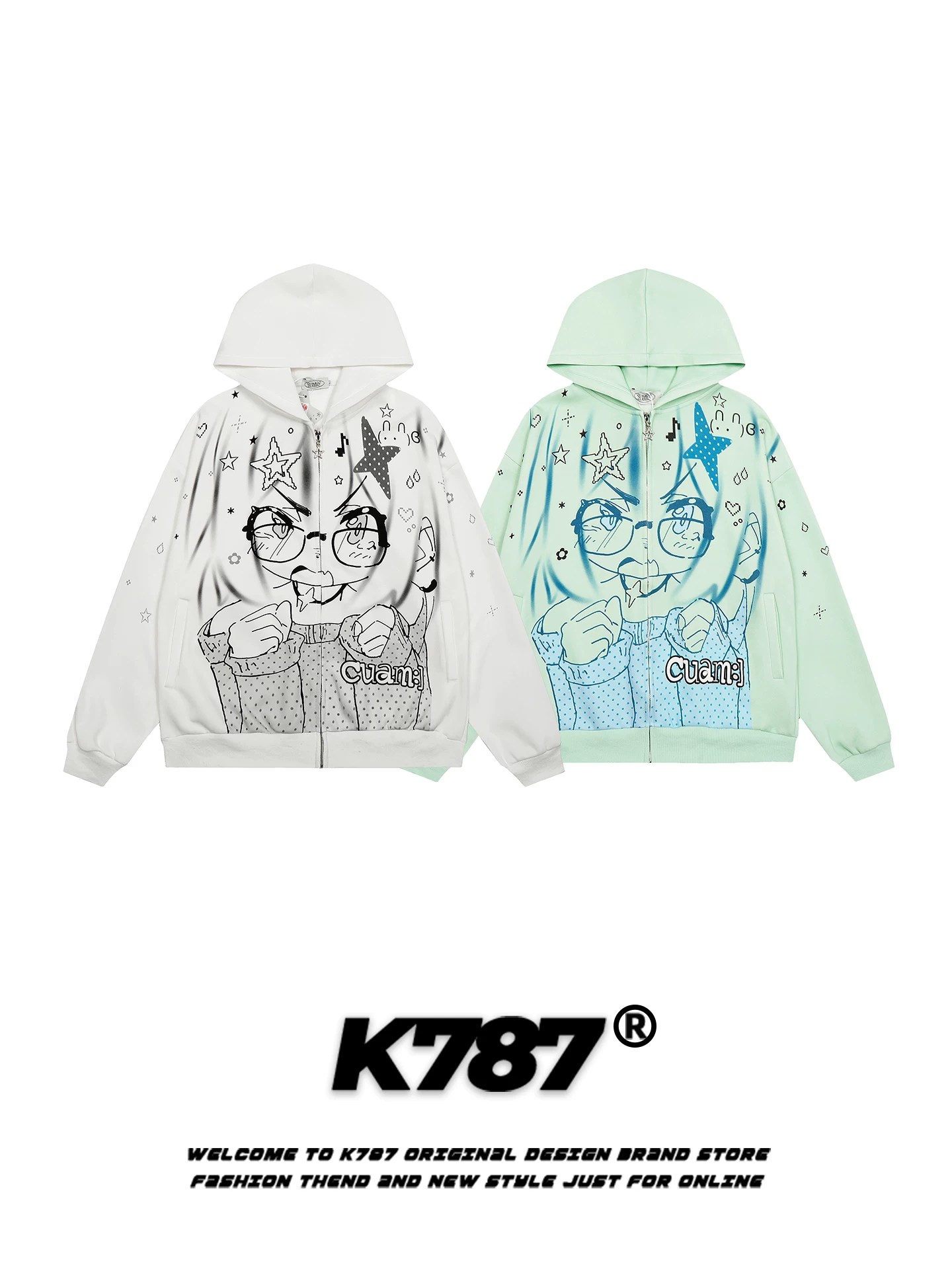 Áo hoodie K787 phong cách đường phố Mỹ dành cho nam và nữ, phong cách anime dễ thương, áo khoác cardigan cặp đôi dáng rộng, phong cách giản dị