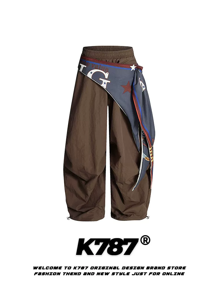 Quần cargo xếp ly kiểu Mỹ cổ điển K787, thiết kế cắt xéo, unisex, phong cách hip-hop đường phố, dáng rộng, thoải mái.