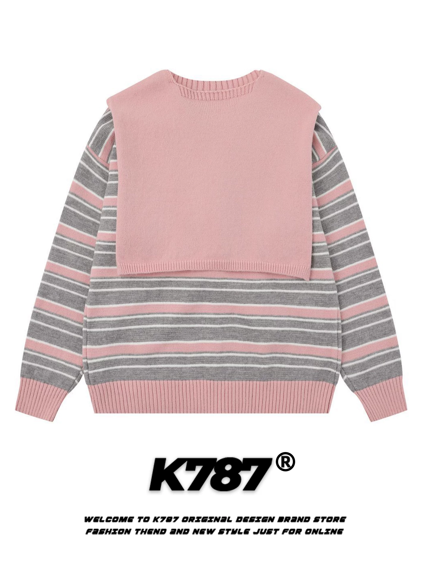 Áo len cardigan kiểu dáng cổ điển Mỹ K787 dành cho nữ, áo len dệt kim sọc rộng rãi, phong cách trường học, thoải mái cho mùa thu.