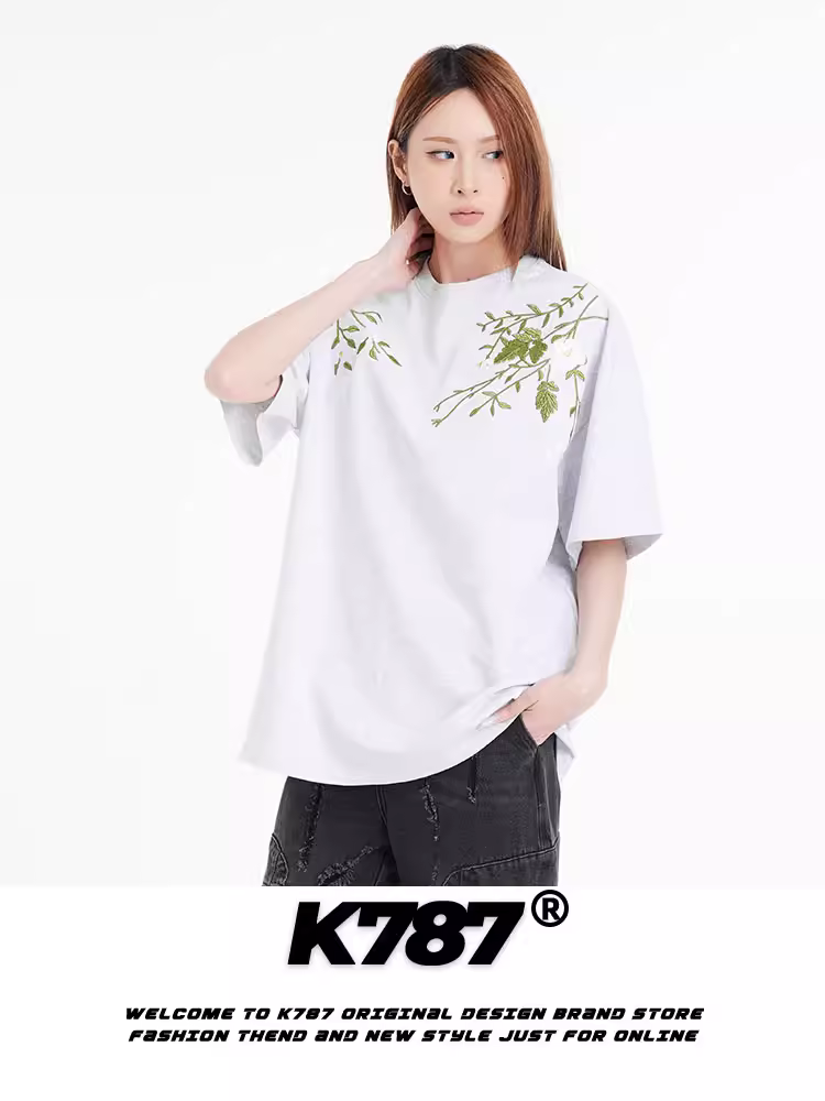 Áo thun ngắn tay thêu hoa chữ cổ điển Mỹ K787 dành cho nam và nữ, xu hướng quốc gia, dáng rộng và đa năng, áo thun cặp đôi nghệ thuật
