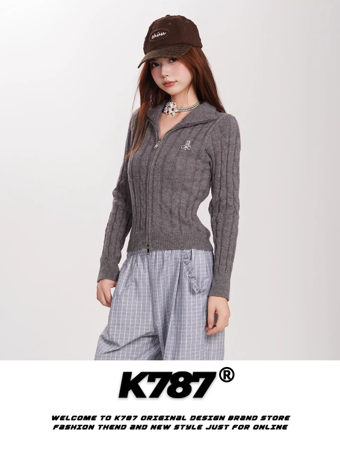 Áo len cardigan cổ đứng kiểu Mỹ cổ điển K787 dành cho nữ, kiểu dáng regular shoulder, ôm dáng, phong cách thường ngày, tôn dáng, áo len ngắn