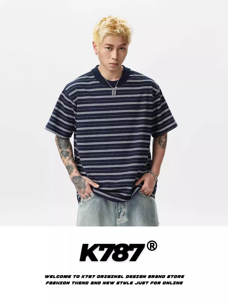 Áo thun ngắn tay sọc cổ điển kiểu Mỹ K787 dành cho nam và nữ, đa năng khi đi làm, áo rộng thùng thình dành cho cặp đôi