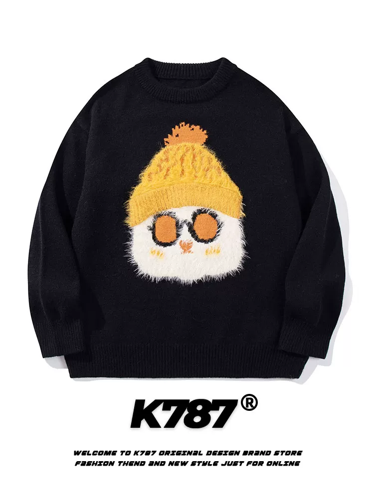 K787 Mũ mùa đông vui nhộn theo phong cách cổ điển Trung Quốc đồ dệt kim hình mèo unisex phong cách đại học áo len thêu áo len cặp đôi
