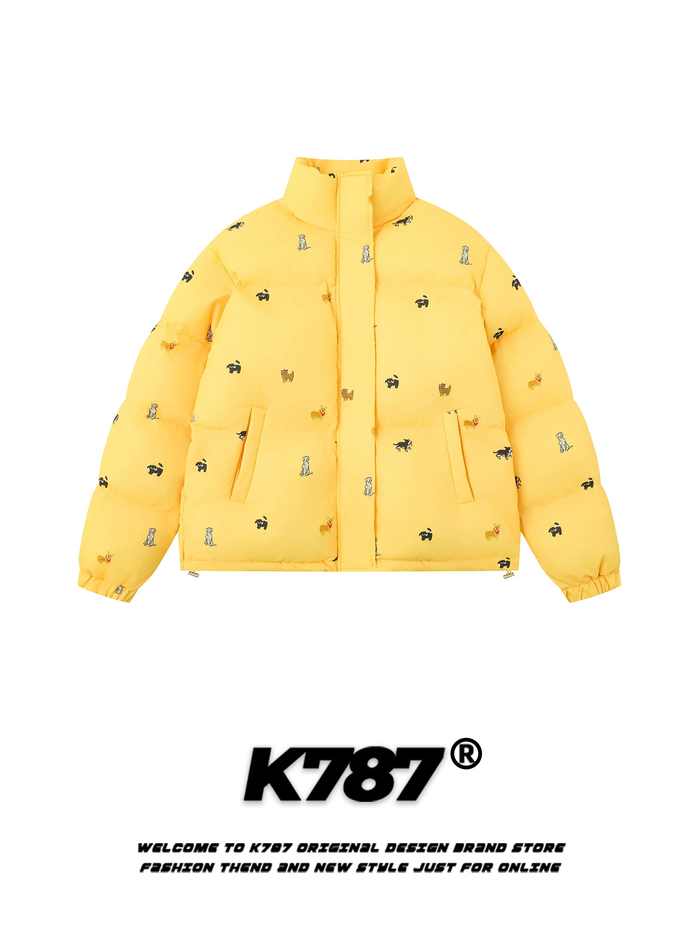 Áo khoác cotton cổ đứng in họa tiết chó cổ điển Mỹ K787 dành cho nam và nữ, áo khoác cotton dày giữ ấm mùa đông phong cách đường phố.