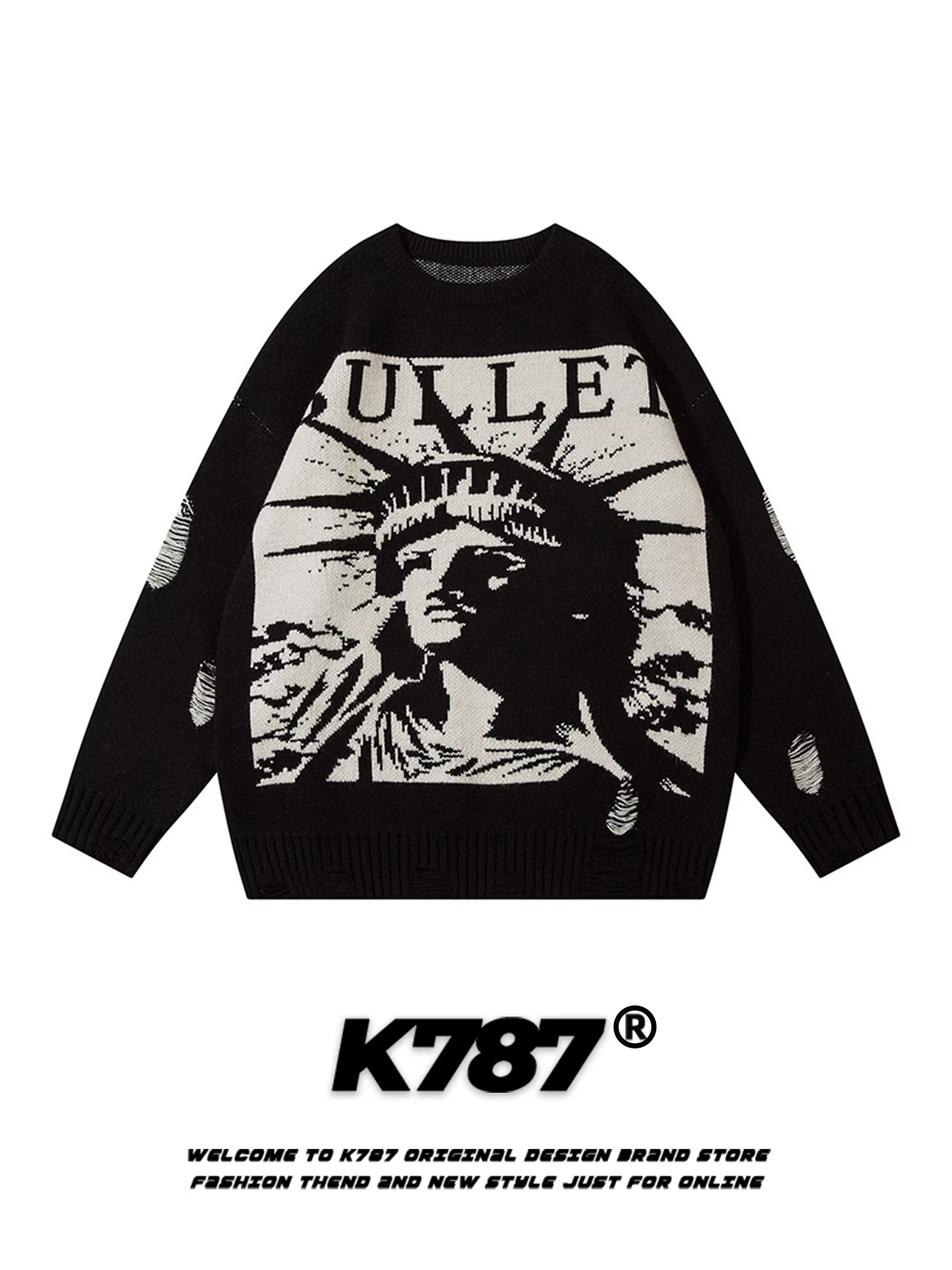 Áo len cổ tròn họa tiết sáng tạo theo phong cách đường phố Mỹ K787 dành cho nam và nữ, dáng rộng, ấm áp, phong cách thoải mái, đồ dệt kim cặp đôi