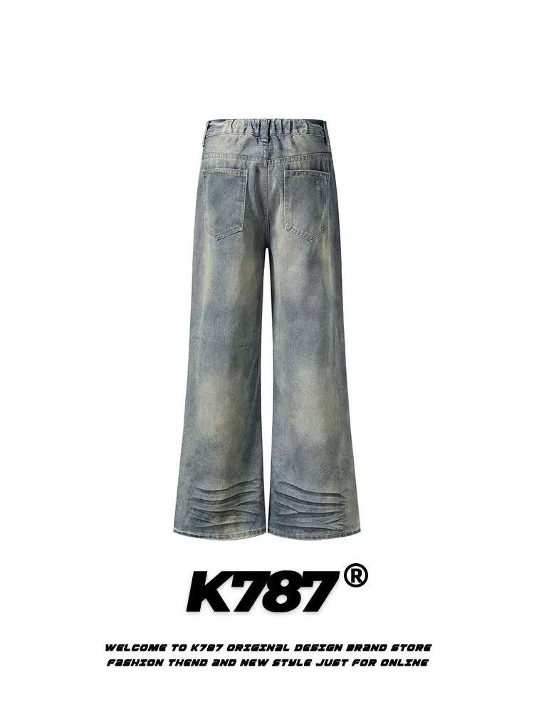Quần jeans K787 kiểu Mỹ cổ điển, xước, rách, dáng loe, unisex, sọc ngang, màu phai, rộng thùng thình, kiểu dáng thẳng, mặc thường ngày