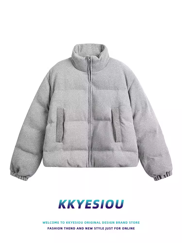 Áo khoác cotton cổ đứng dày dặn kiểu Mỹ cổ điển K787 dành cho nam và nữ, áo khoác cotton ngắn đi làm màu trơn cho mùa thu đông 2024.