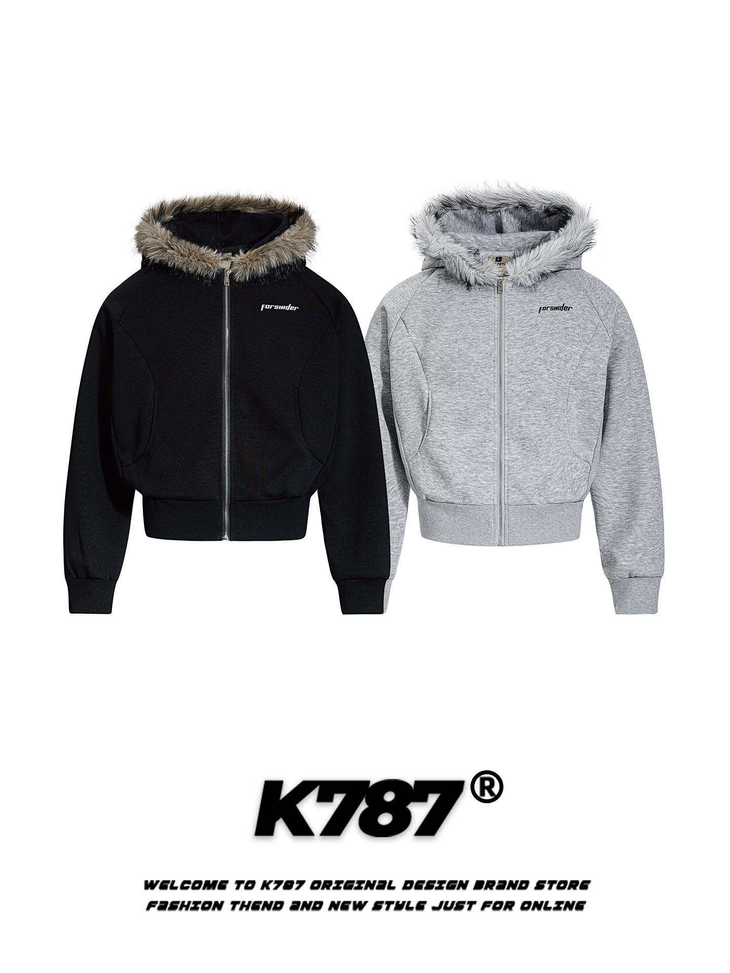 Áo khoác hoodie có mũ trùm đầu, cổ lông kiểu Mỹ cổ điển K787 dành cho nam và nữ, kiểu dáng rộng rãi, phong cách đường phố thời thượng, áo khoác cặp ngắn.
