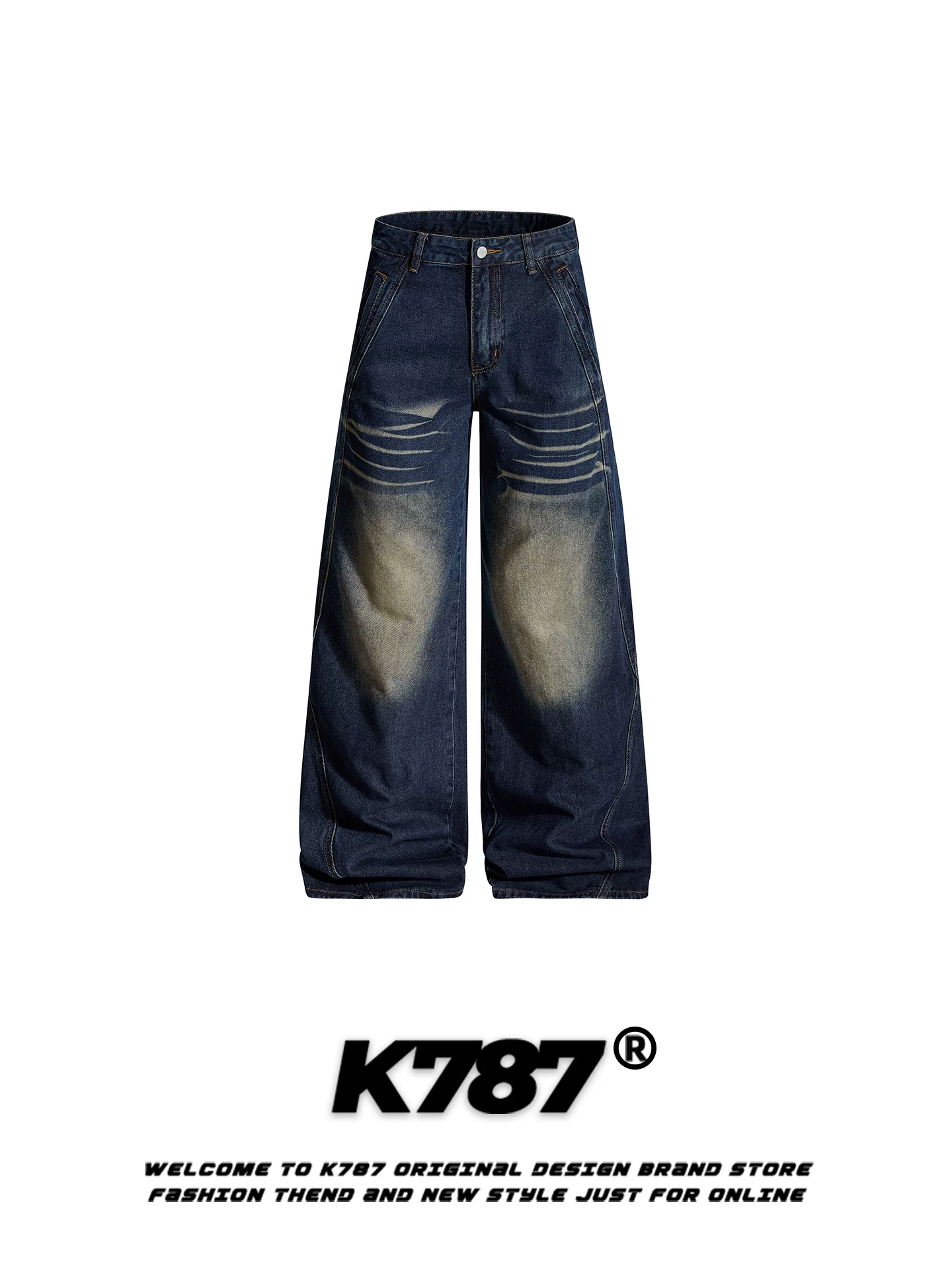 Quần jeans K787 kiểu Mỹ cổ điển, xước rách, dành cho nam và nữ, dáng rộng, thời trang, cạp cao, tôn dáng, ống rộng, dài chạm sàn