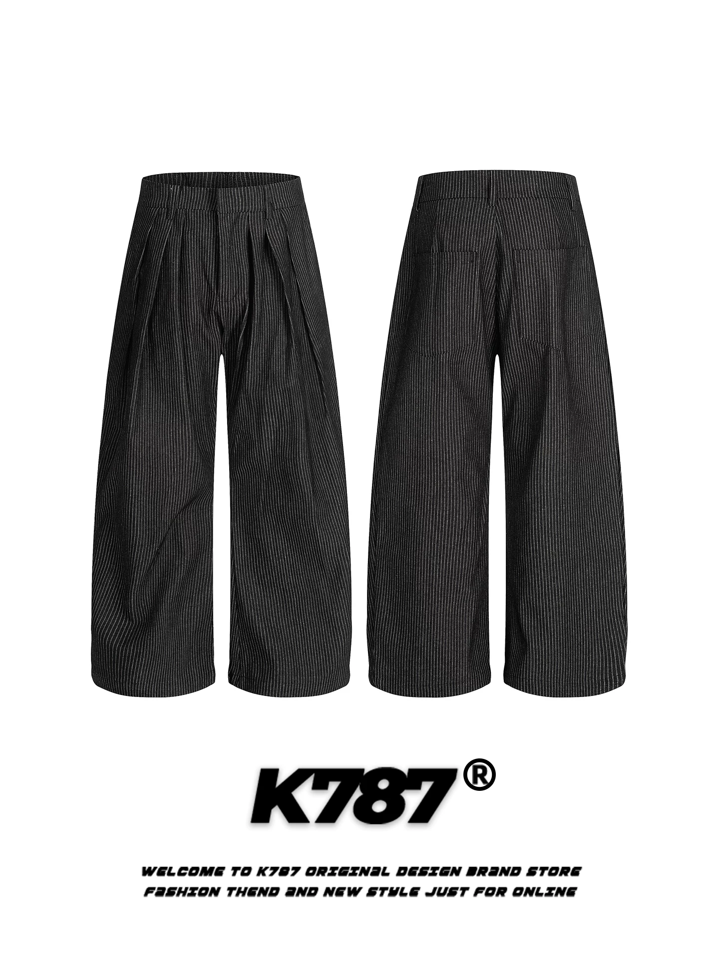 Quần K787 kiểu Mỹ cổ điển, kẻ sọc, xếp ly, dáng xẻ tà, unisex, rộng rãi, thoải mái, hợp thời trang, cạp cao, ống rộng, dài chạm sàn