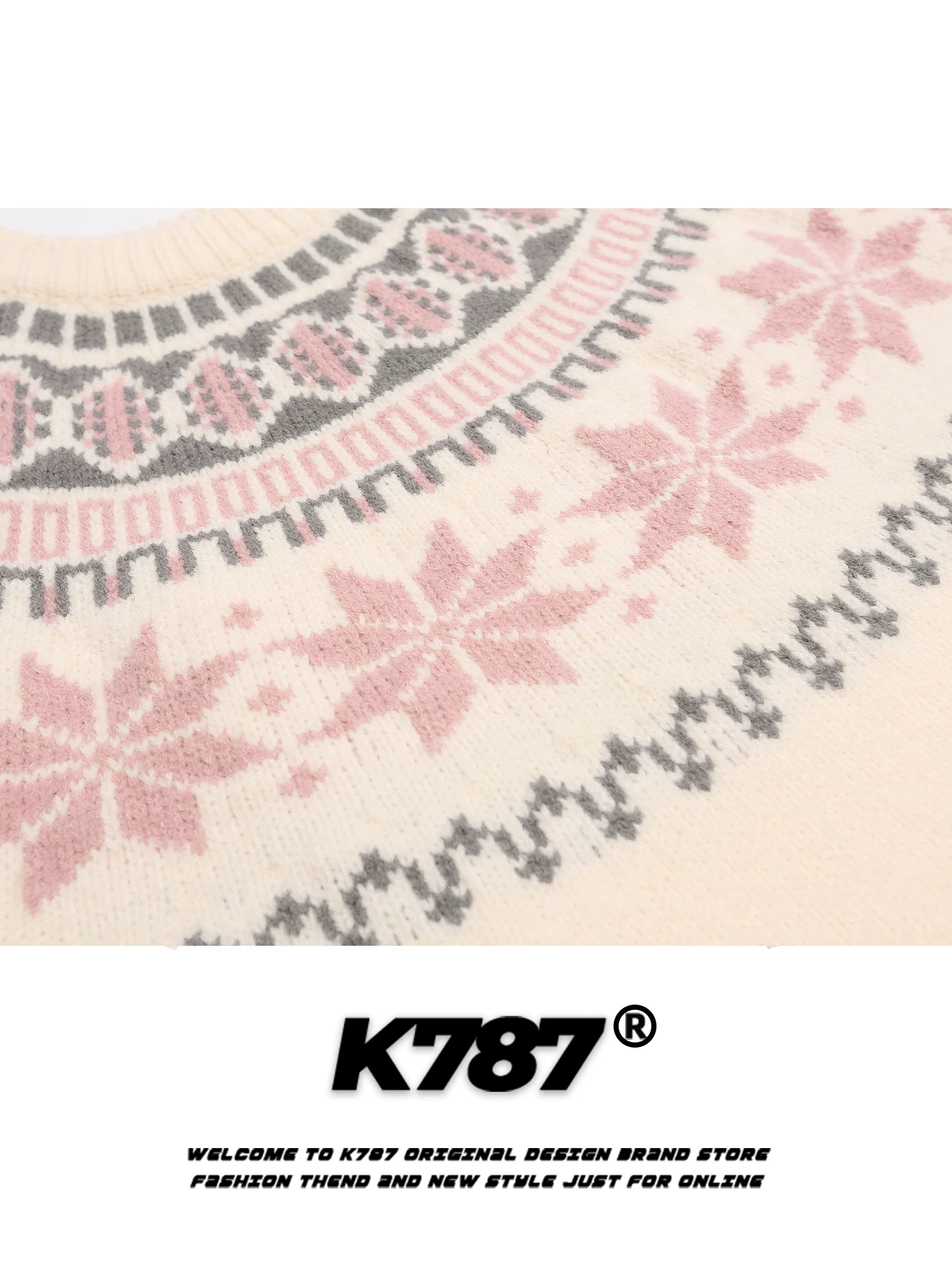 Áo len cổ tròn dệt jacquard kiểu Fair Isle của Mỹ K787 dành cho nam và nữ, kiểu dáng rộng rãi và thoải mái, trang phục dệt kim dành cho cặp đôi đi làm mùa thu.